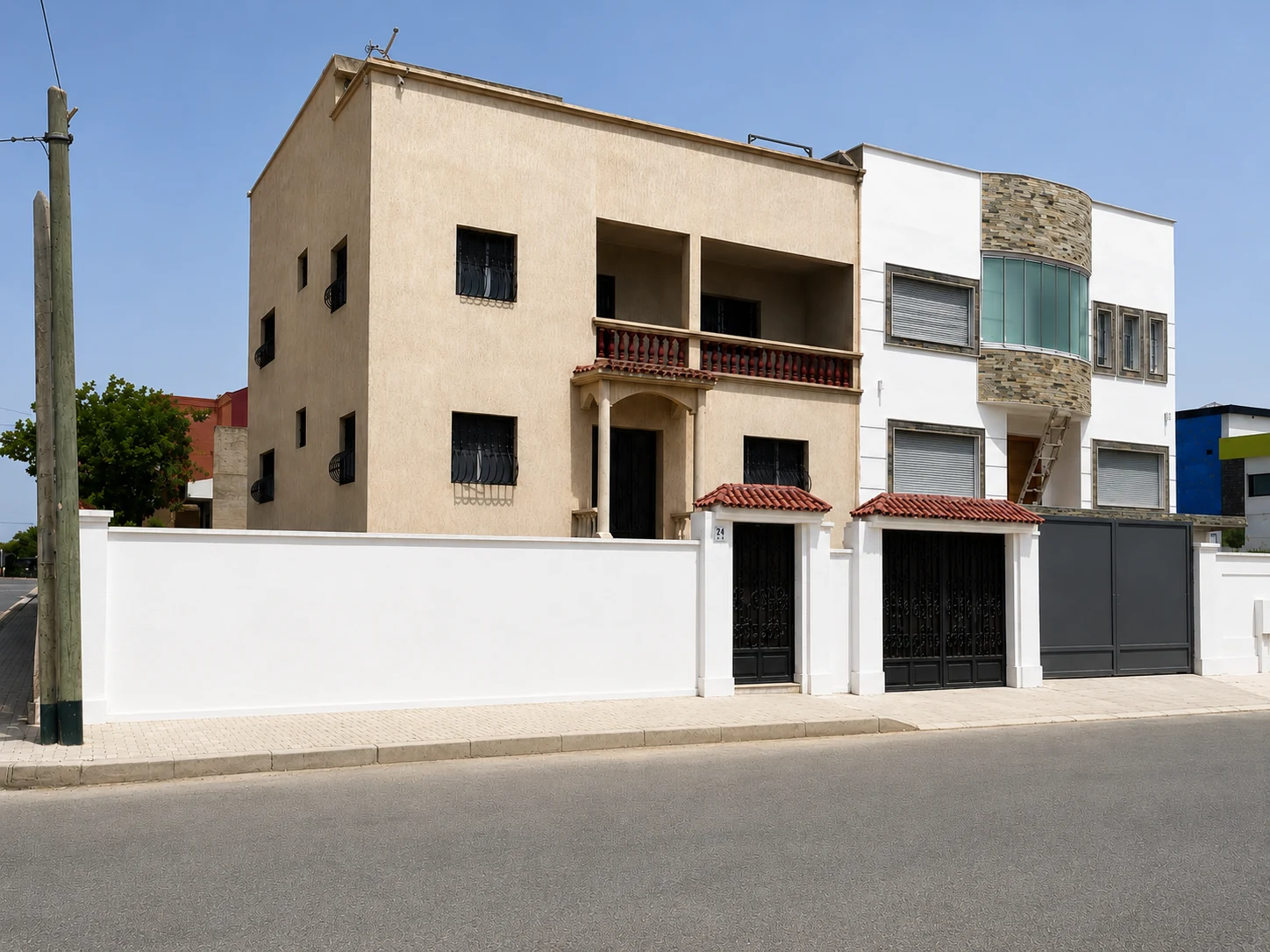 Vue extérieure complète de la villa à Bni Yakhlef avec mur blanc rénové