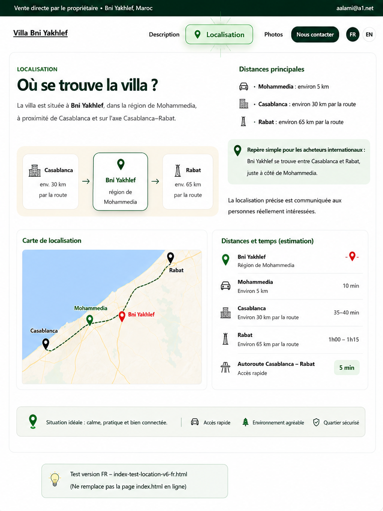 Carte et repères de localisation de Bni Yakhlef entre Casablanca, Mohammedia et Rabat